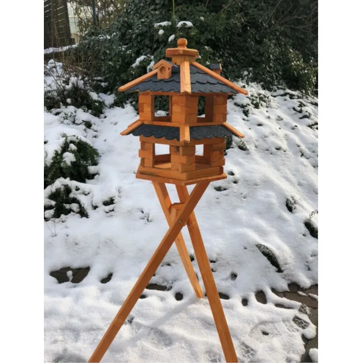 Darlux Vogelvilla L Futterstelle Sechseck Doppelstock Holz Vogelhaus+Ständer Braun-Blau