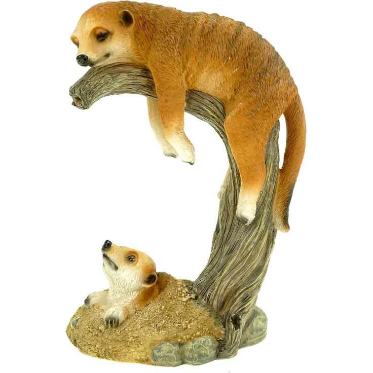 Erdmännchen Mama mit Kind auf Ast Figur Gartenfigur 24 cm Meercat Tierfigur