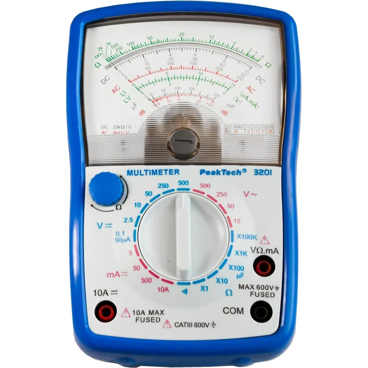 PeakTech Analog Multimeter , Cat III 600V , Amperemeter 10A DC , Voltmeter 500V AC-DC , Ohm-Meter , Durchgangsprüfer, 1 Stück, P 3201