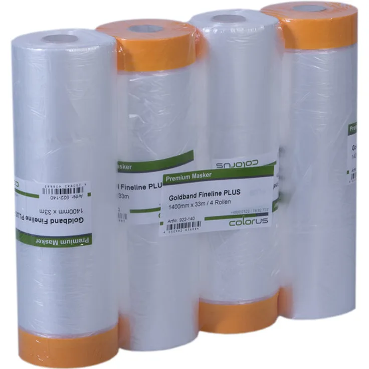 4 x Colorus Masker Tape Goldband PLUS | Fineline Soft Tape 140 cm x 33 m für Innen und Außen | Goldband-Maler-Abdeckfolie 60 Tage UV-beständig |