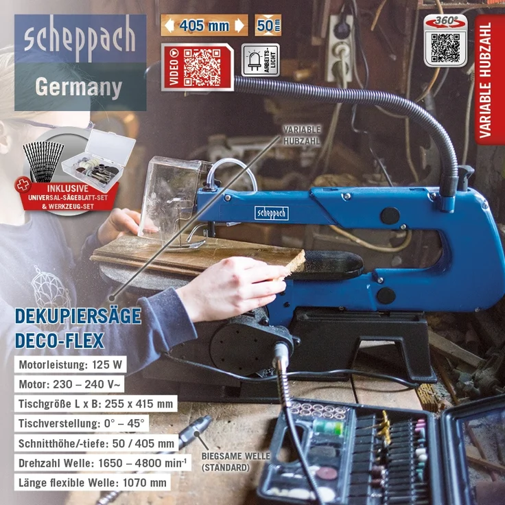 SCHEPPACH SET Dekupiersäge mit Werkzeug-Set und 5x12 Ersatzblätter DECO-FLEX – Bild 3