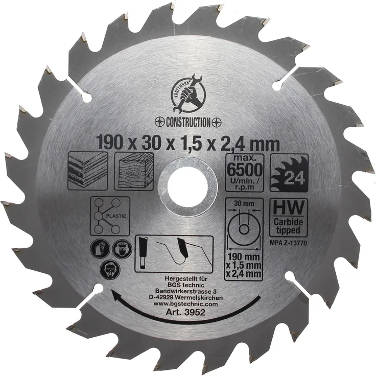 Kraftmann 3952 | Hartmetall-Kreissägeblatt | Ø 190 x 30 x 2,5 mm | 24 Zähne