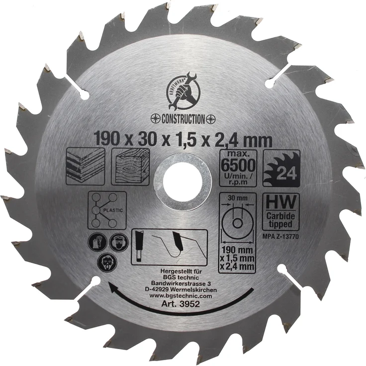 Kraftmann 3952 | Hartmetall-Kreissägeblatt | Ø 190 x 30 x 2,5 mm | 24 Zähne