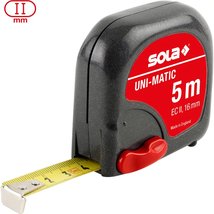 SOLA Bandmaß - UNI-MATIC - 5m - 16mm - Taschenbandmaß mit Gürtelclip - Stahlband, gelb lackiert mit mm Skala - Genauigkeitsklasse II - Rollmeter mit beweglichem Endhaken - Metermaß Länge - 5m-16mm