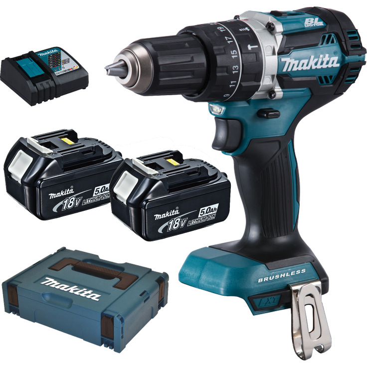 Makita DHP484RTJ Akku Schlagbohrschrauber 18V - 5,0Ah,2 Akkus,Ladegerät im Makpac,450 W,18 V,Blau,Silber