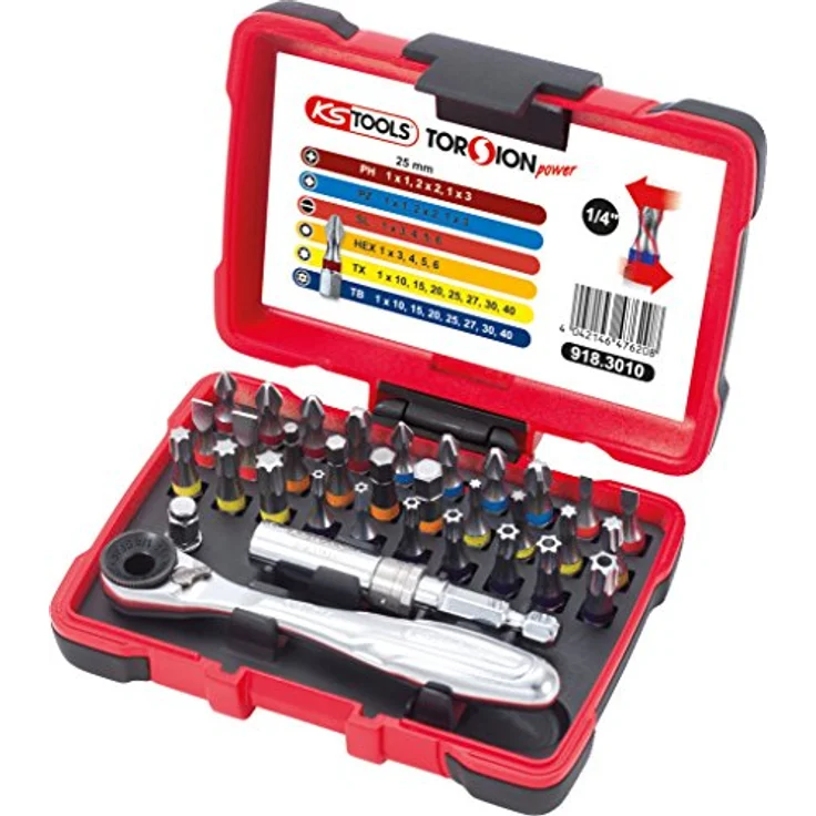 KS Tools 918.3010 1-4'' TORSIONpower Bit-Box, 32-teilig, Bitbox für Handbetätigung und Elektroschrauber, inkl. Schnellwechsel-Bithalter, Stecknussadapter, Gürtelhalter und Bits, in 2-Komponenten-Box – Bild 1