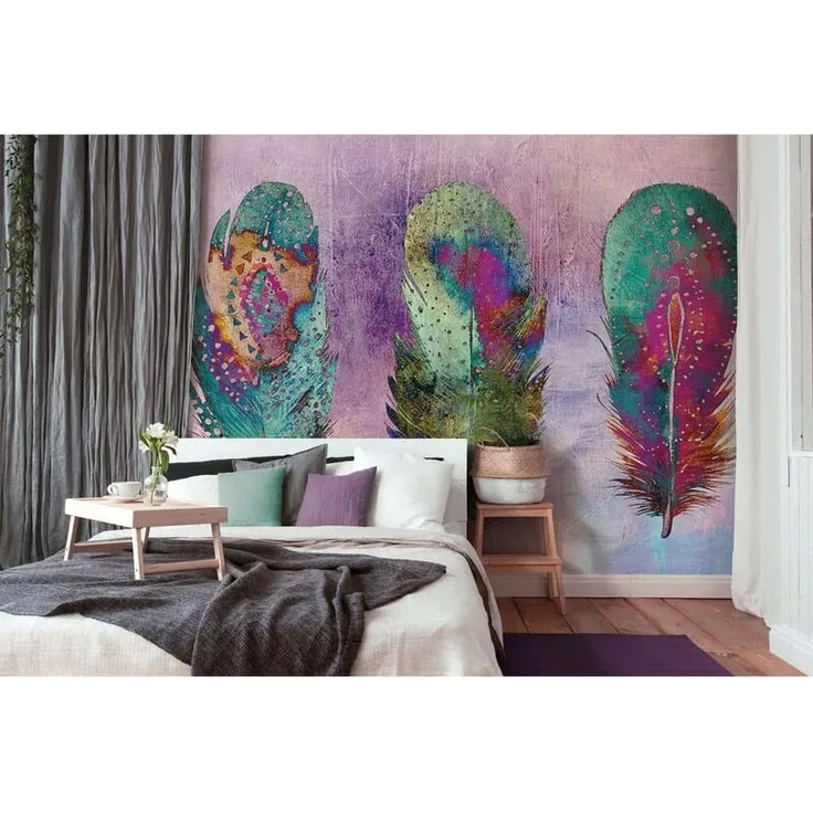 K&l Wall Art - Große Vliestapete XXL Tapete 4 x 2,7m Fototapete Federn Aquarell Boho Deko Vintage