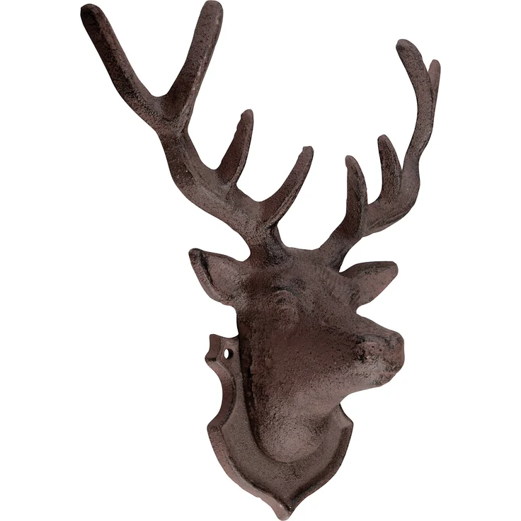 Esschert Design Wanddekoration Hirschkopf mit Geweih aus rötlichem Gusseisen, ca. 27cm hoch, 22,5 cm breit und 10 cm tief