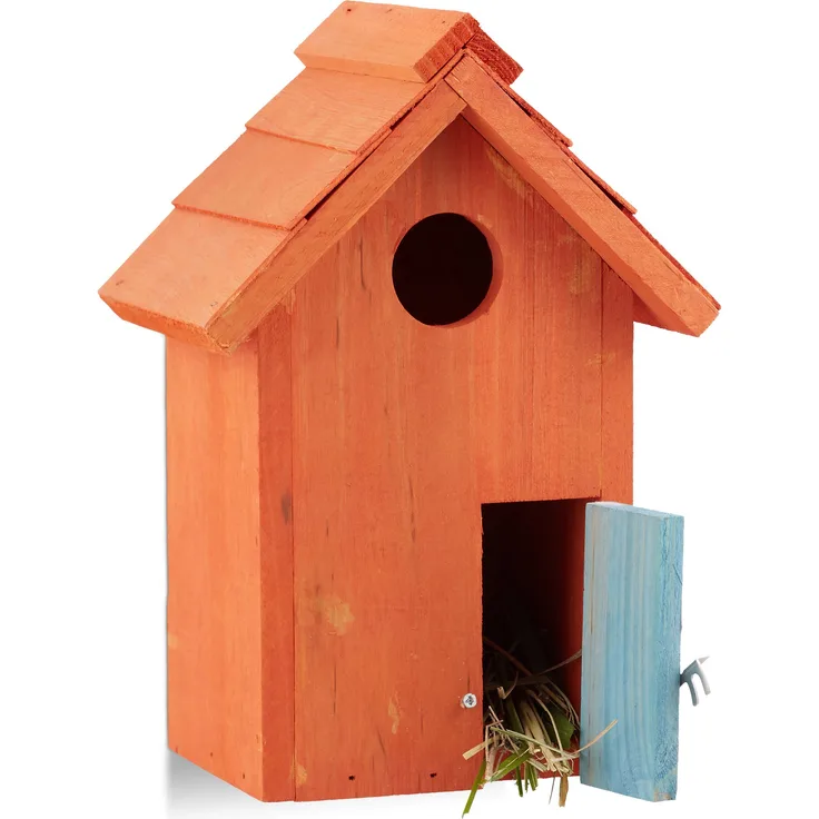 Relaxdays Nistkasten, Vogelhäuschen, Holz, Tür, aufhängen, kleines Flugloch, Singvögel, HBT: 24,3 17 12 cm, orange