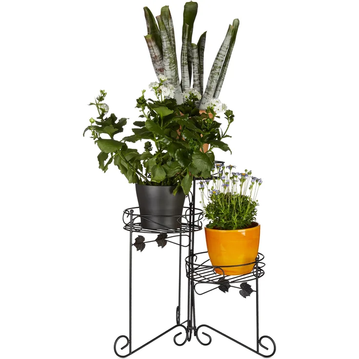 Relaxdays Blumenständer Metall, pulverbeschichtet, 3 Ablagen, Pflanzen, Dekorativ, 50 cm hoch, Pflanzentreppe, schwarz