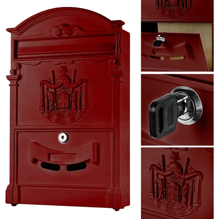 Melko Retro Briefkasten mit A4 Einwurf-Format, Aluguss und Stahl, ca. 25,5 x 8,6 x 41 cm, Rot