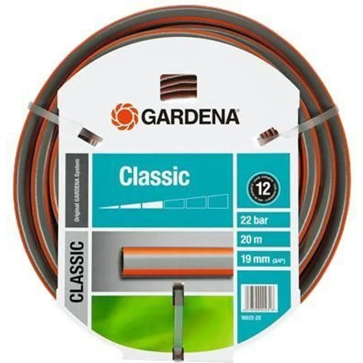 GARDENA Classic Schlauch 19 mm (3-4 Zoll), 20 m: Universeller Gartenschlauch aus robustem Kreuzgewebe, 22 bar Berstdruck, UV-beständig, ohne Systemteile, 12 Jahre (18022-20)