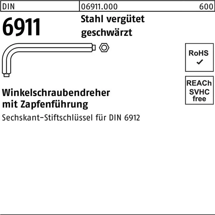 Reyher Winkelschraubendreher DIN 6911 6-kant m.Zapfen SW 10 M 12 Stahl vergütet geschwärzt