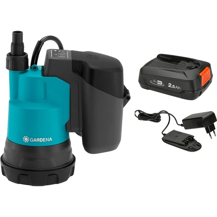 Gardena 14600-20 Akku-Klarwassertauchpumpe 2000-2 18V P4A Set mit Akku und Ladegerät 18 V 2.000 l/h Entwässerung max. Förderhöhe 20 m max. Förderdruck 2 bar max. Tauchtiefe 1,8 m max. Wassertemperatur 35 °C Kabellänge 2 m – Bild 1