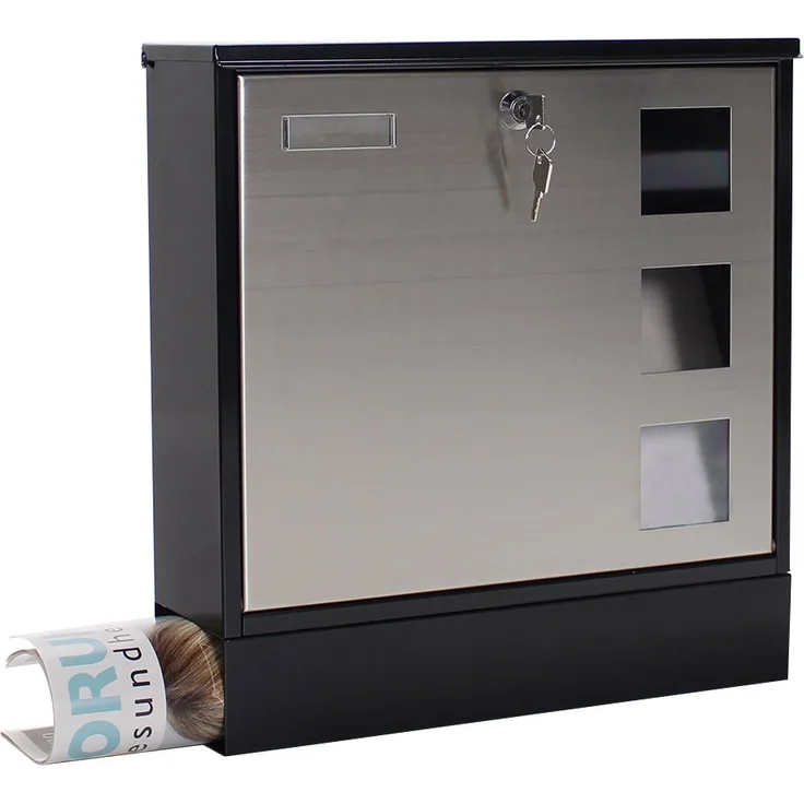 Rottner Briefkasten Design Mailbox schwarz, Tür aus Edelstahl, integrierte Zeitungsrolle, Namensschild, Sichtfenster, Zylinderschloss