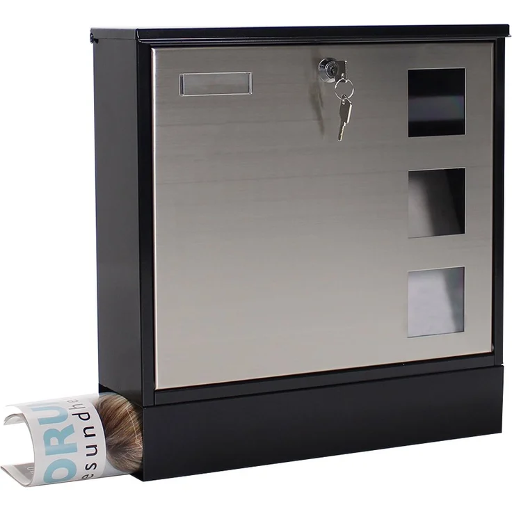 Rottner Briefkasten Design Mailbox schwarz, Tür aus Edelstahl, integrierte Zeitungsrolle, Namensschild, Sichtfenster, Zylinderschloss – Bild 1