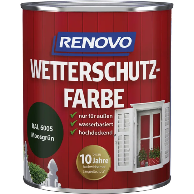 Renovo - Wetterschutzfarbe für außen, 0,75 l, Moosgrün, seidenglänzend - grün