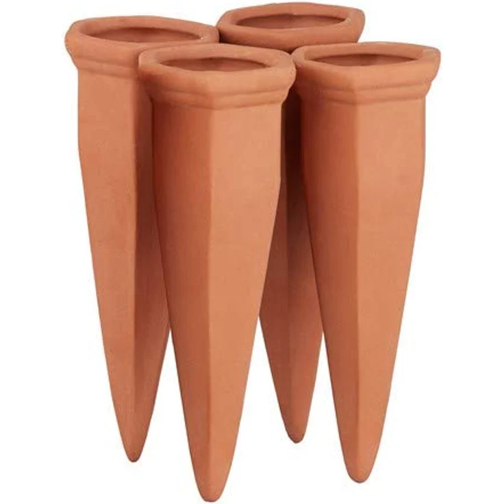 Relaxdays Tonkegel Bewässerung 4er Set, Pflanzen Wasserspender Ton, Wein und PET Flaschen Bewässerungskegel, Terracotta – Bild 1