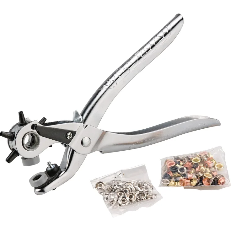 KRAFTIXX Lochzange Multifix, Ösenzange, Revolverloch-Zange, inkl. 100 Ösen und 48 Druckknöpfen, für Leder, Textilien und Kunststoff-Materialien