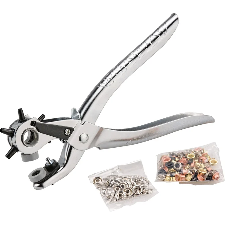 KRAFTIXX Lochzange Multifix, Ösenzange, Revolverloch-Zange, inkl. 100 Ösen und 48 Druckknöpfen, für Leder, Textilien und Kunststoff-Materialien