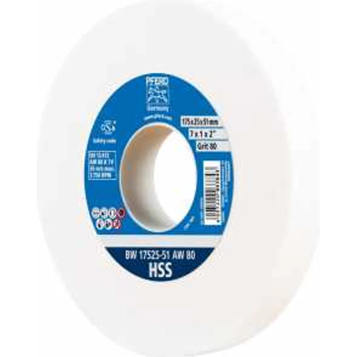 PFERD Schleifbockscheibe, 175x25x51mm, Ausführung HSS, Korngröße 80, Edelkorund weiß, 39009701 – Schleifscheibe für das Bearbeiten hochlegierter Stähle mit integrierter Reduzierhülse (32mm) – Bild 1