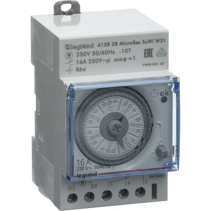 Legrand, Zeitschaltuhr MicroRex W31 Su-Wi Plug & Play, mechanisch mit 7-Tages-Programm (Reiheneinbau-Zeitschaltuhr für Hutschiene, 3-modulig), 412828
