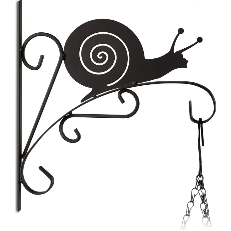 Relaxdays Blumenhaken mit Schnecke, Blumenampelhalter für Wand, Metall, Garten-Deko Tier, HxBxT: 30 x 28 x 2 cm, schwarz