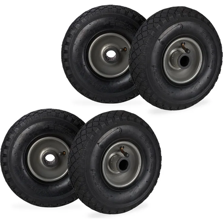 Relaxdays - 4x Sackkarrenrad im Set, 3.00-4, luftbereiftes Komplettrad mit Stahlfelge, 25mm Achsdurchmesser, Ersatzrad, schwarz-grau