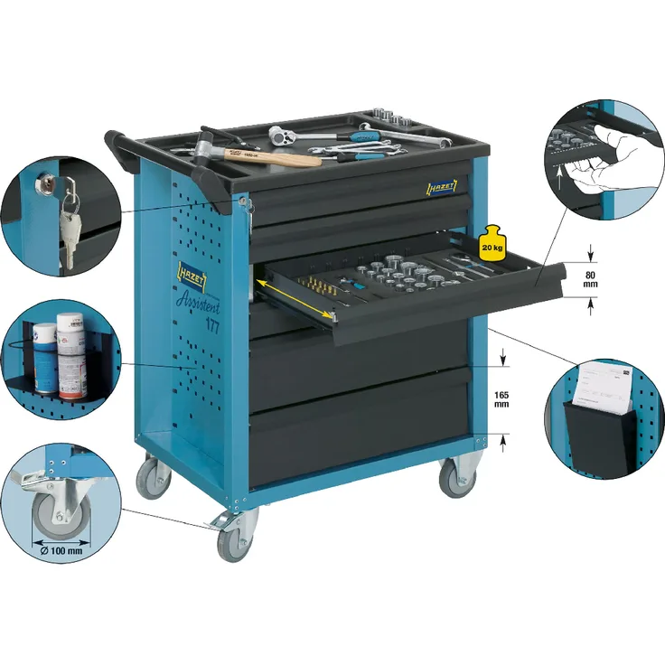 Hazet Werkstattwagen Assistent - Schubladen flach: 6 x 80 x 527 x 348 mm - Schubladen hoch: 1 x 165 x 527 x 348 mm - Höhe x Breite x Tiefe: 915 x 779.5 x 496 - 177-7
