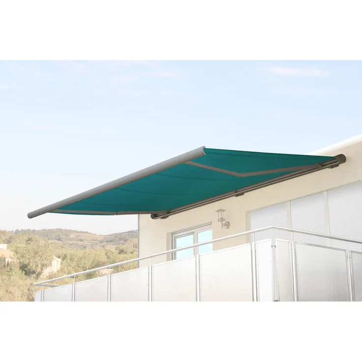 Mendler Elektrische Kassettenmarkise T122, Markise Vollkassette 4x3m Polyester türkis-blau, Rahmen grau