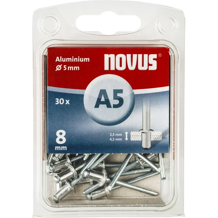 Novus Aluminium-Blindnieten mit 8 mm Länge, 30 Nieten, Ø 5 mm, 2.5-4.5 mm Klemmlänge, für Kunststoff, Stoffe und Leder