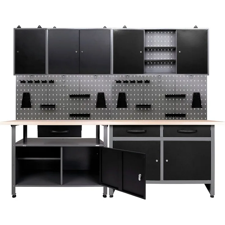 ONDIS24 Werkstatt-Set 7- tlg., 2x Werkbank, 2x Werkzeugwand, 3x Hängeschrank