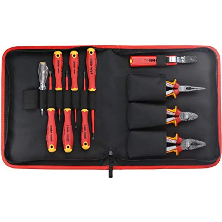 Felo Profi Werkzeug-Satz E-Slim Ergonic VDE Schraubendreher Zangen Set Service Kit Werkzeugtasche 11-tlg. Spannungsprüfer Kombi-zange Seitenschneider Telefonzange Flachrundzange Kabelmesser 413 81104