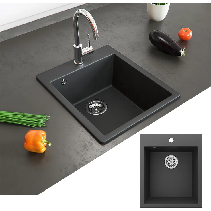 Bergström Granit Spüle Küchenspüle Einbauspüle Spülbecken Küche + Siphon Schwarz
