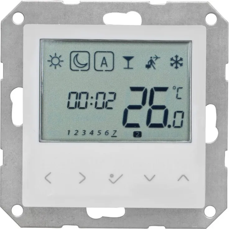 Kombi-Raumthermostat, elektronisch, 230V-0,5A, mit Zentralplatte 55 x 55 mm, LCD-Display, weiß