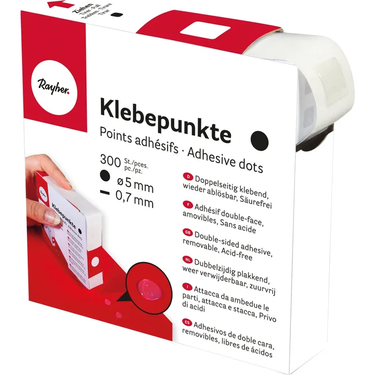 Rayher Hobby 30056000 Klebepunkte, transparent, 5 mmø, 0,7 mm, Rolle 300 Stück in Spenderbox, doppelseitig klebend, rund, wieder ablösbar, säurefrei, lösungsmittelfrei