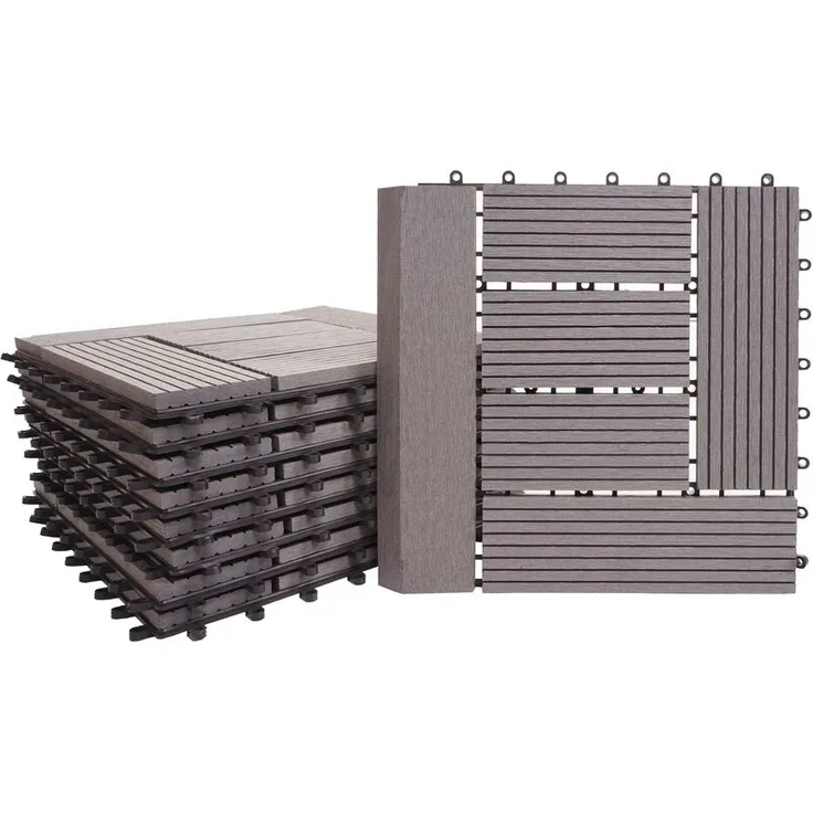 HHG WPC Bodenfliese Sarthe + Abschluss, Holzoptik Balkon-Terrasse, 11x je 30x30cm 1qm Premium grau versetzt