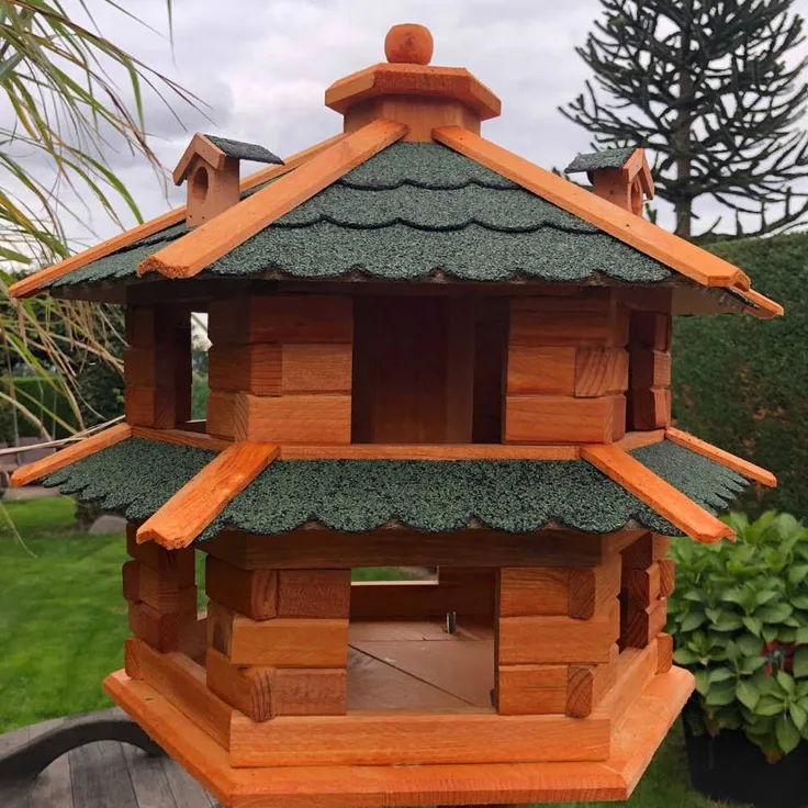 Vogelvilla L Futterstelle Sechseck Doppelstock Holz Vogelhaus Braun-Grün