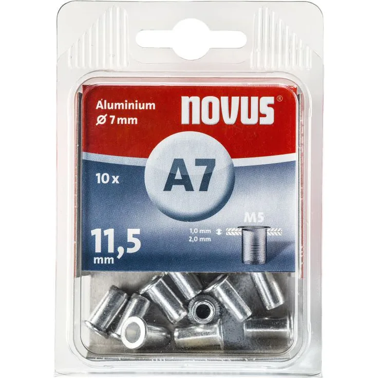 Novus Blindnietmutter Ø7 mm Aluminium, 10 Nietmuttern, M5 Gewinde, 11,5 mm Länge, für Kunststoff und Leichtbaumaterial