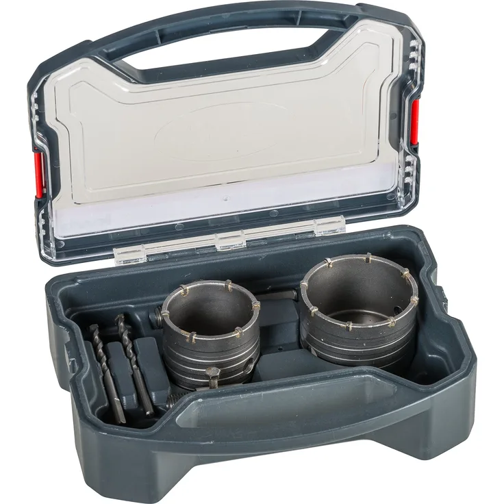 kwb Power-Box Bohrkronen-Set mit Durchmesser-Größe 68 mm und 82 mm – hartmetall-bestückt, schlagfest, inkl. – 2x Zentrierbohrer, SDS Plus u. Sechskant-Schaft