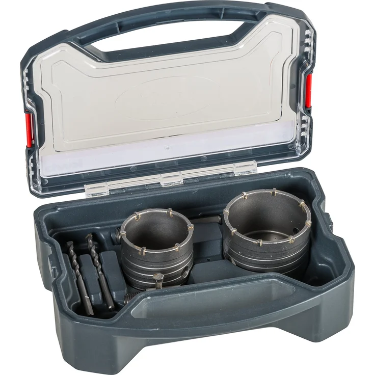 kwb Power-Box Bohrkronen-Set mit Durchmesser-Größe 68 mm und 82 mm – hartmetall-bestückt, schlagfest, inkl. – 2x Zentrierbohrer, SDS Plus u. Sechskant-Schaft