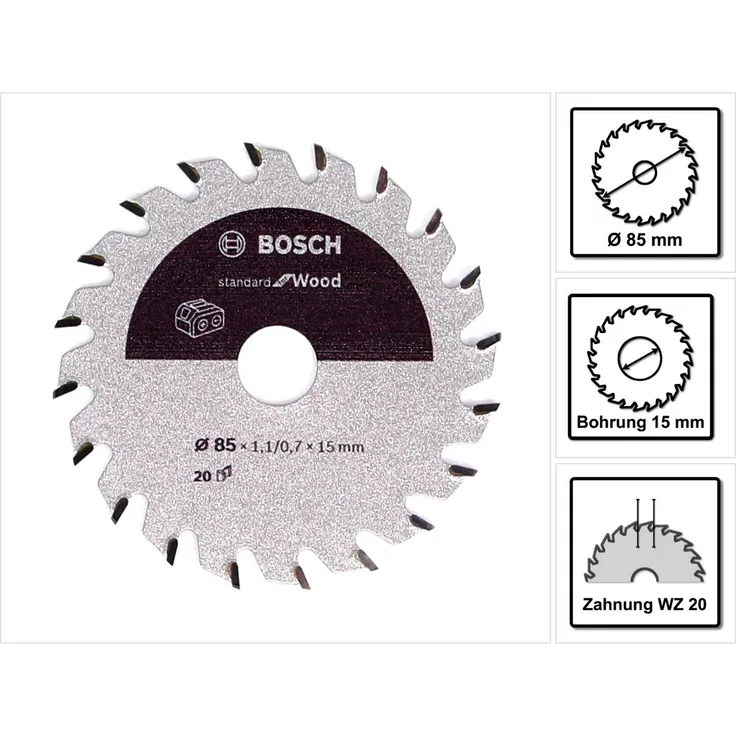 Bosch Professional Kreissägeblatt Standard for Wood (Holz, 85 x 15 x 1,1 mm, 20 Zähne, Zubehör Akku Kreissäge)