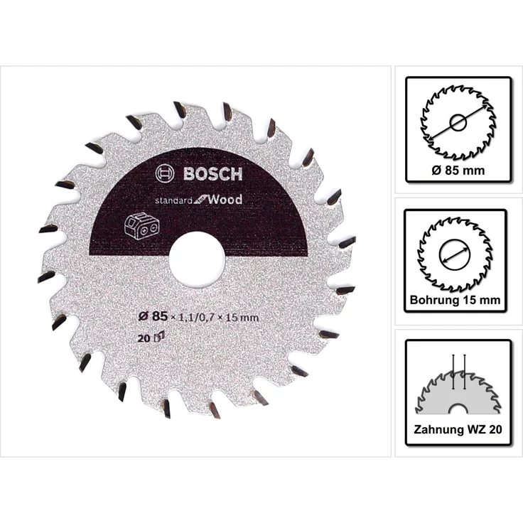 Bosch Professional Kreissägeblatt Standard for Wood (Holz, 85 x 15 x 1,1 mm, 20 Zähne, Zubehör Akku Kreissäge) – Bild 1