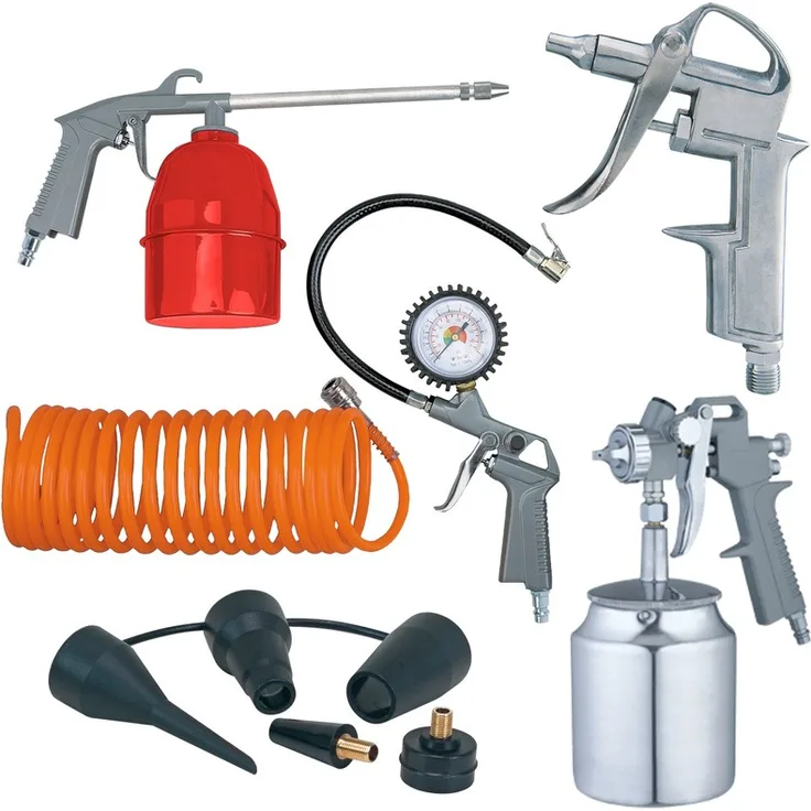 WALTER WERKZEUGE Druckluft Kompressor Zubehör-Set, 6-tlg, für handelsübliche Kompressoren, Farbsprühpistole, Sprühpistole, Reifenfüller mit Manometer, 5 m Druckluft