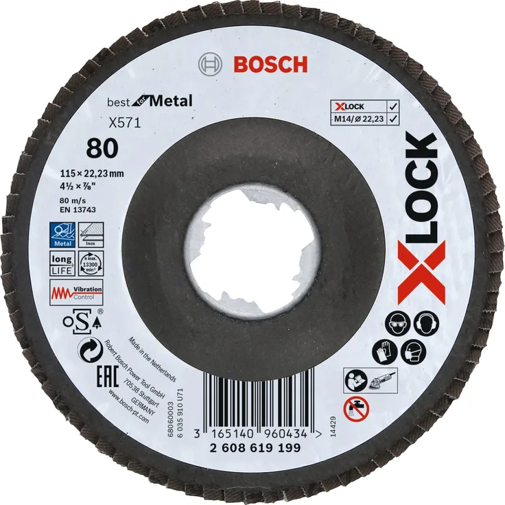 Bosch Professional gewinkelte Fächerschleifscheibe Best (für Metall, X-LOCK, X571, Ø115 mm, Körnung K80)