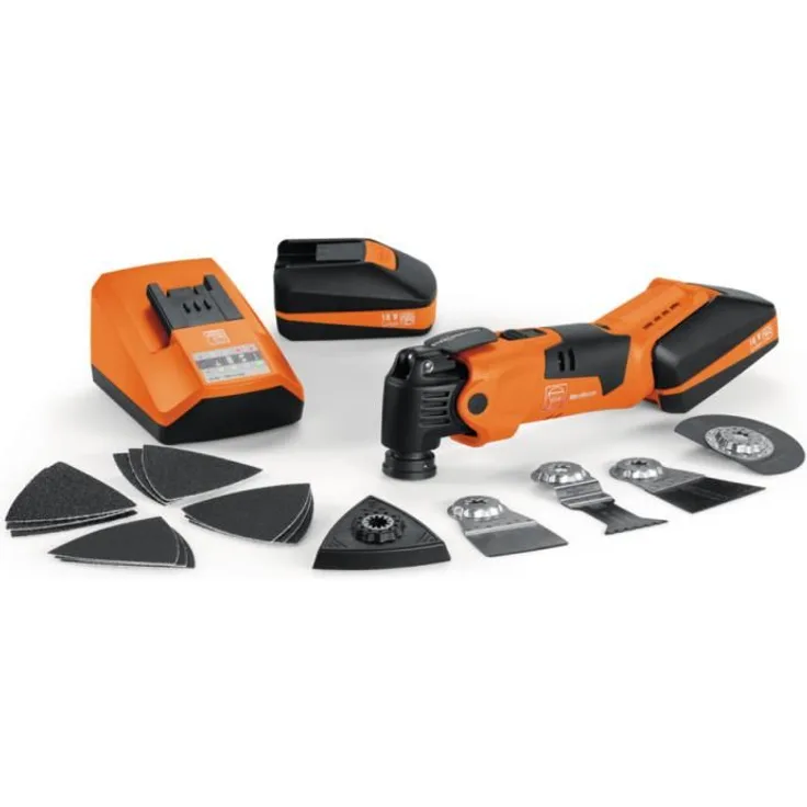 Fein Akku-Oszillierer Profi-Set , Innenausbau Holz , mit umfangreichen Holzbearbeitungs-Zubehör Set , QuickIn Schnellspannsystem , StarlockMax Werkzeugaufnahme , inkl. 2 Li-Ionen Akku 18V 5Ah Multifunktionswerkzeug 18 V 18000 U/min