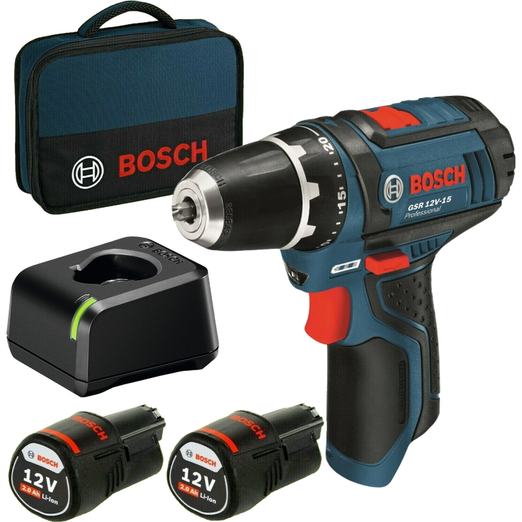 Bosch Professional Akku-Bohrschrauber GSR 12V-15 mit 2 x 2.0 Ah Akku (060186810F) – Bild 1