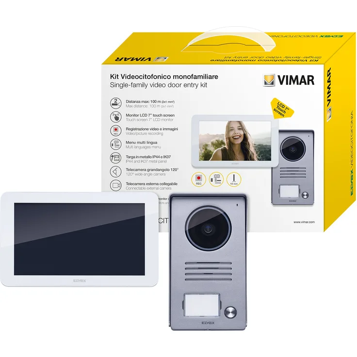 Vimar K40915 Video-Türsprechanlage, 1 Gegensprechanlage, Touch-Screen mit LCD-Farben, 17,8 cm (7 Zoll), 1 Audiovideo, 1 Taste mit Regenschutz, 1 Netzteil, 24 VDC, 1 A mit Steckern