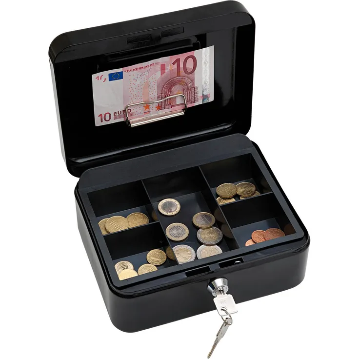 Wedo 145221H Geldkassette (aus pulverbeschichtetem Stahl, versenkbarer Griff, Geldnoten- und Belegeklammer, 5-Fächer-Münzeinsatz, Sicherheits-Zylinderschloss, 20 x 16 x 9 cm) schwarz