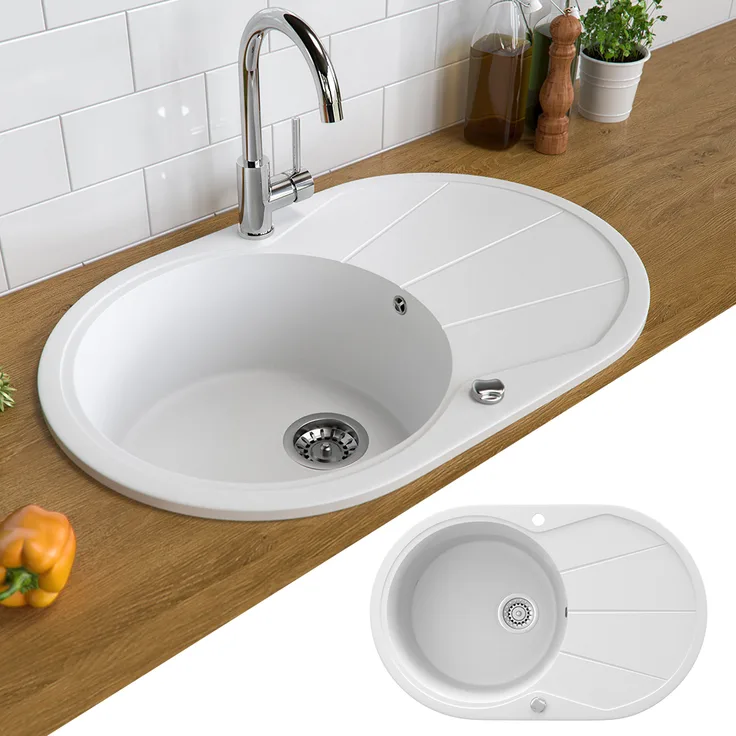 Bergström Granit Spüle Küchenspüle Einbauspüle Spülbecken+Drehexcenter+Siphon Weiß